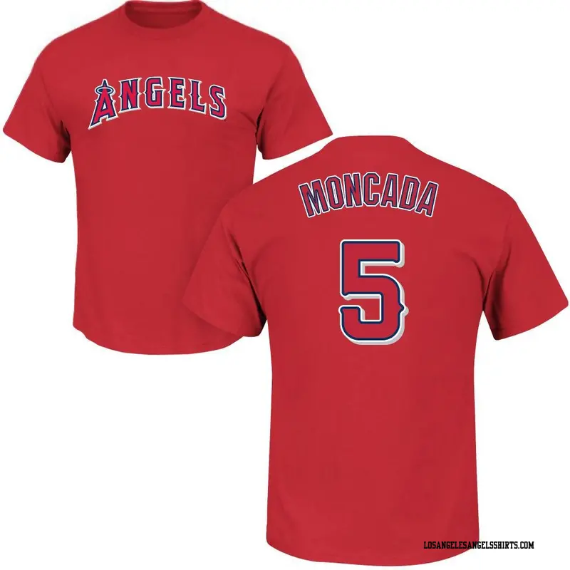Men's Los Angeles Angels ＃5 Yoan Moncada Red Roster Name & Number T-Shirt