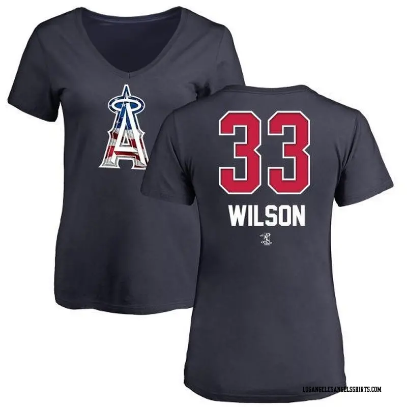 Women's Los Angeles Angels ＃33 C.J. Wilson Navy Branded Name and Number Banner Wave V-Neck T-Shirt