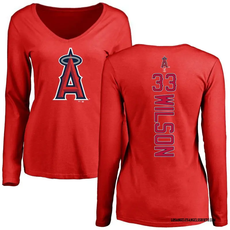 Women's Los Angeles Angels ＃33 C.J. Wilson Red Backer Slim Fit Long Sleeve T-Shirt