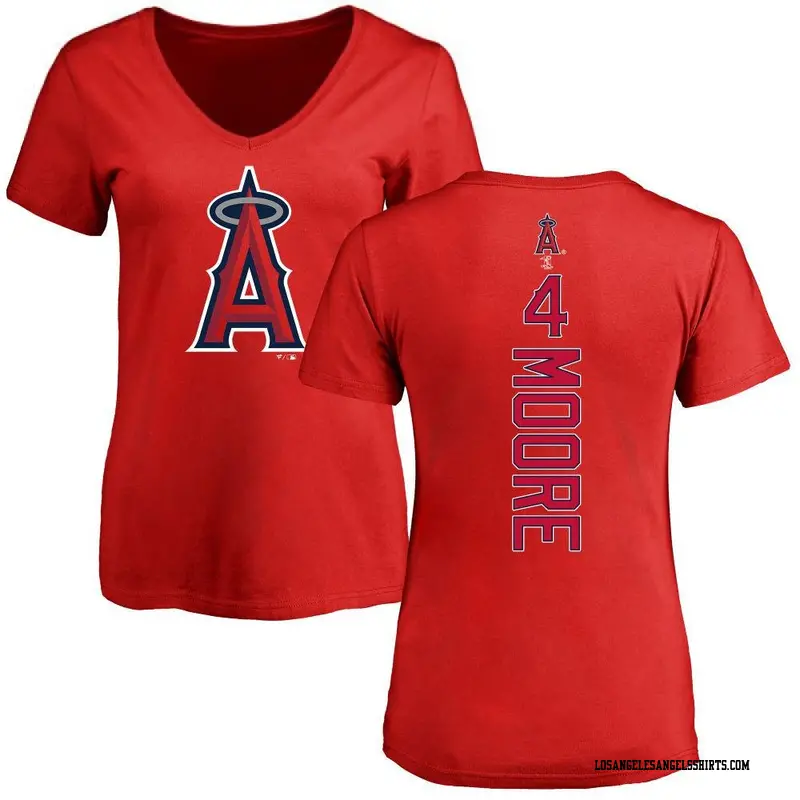 Women's Los Angeles Angels ＃4 Christian Moore Red Backer Slim Fit T-Shirt