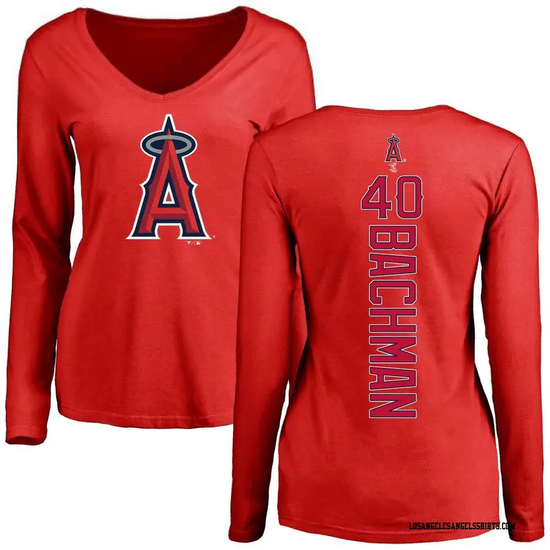 Women's Los Angeles Angels ＃40 Sam Bachman Red Backer Slim Fit Long Sleeve T-Shirt